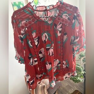Daniel Rainn Anthropologie Red and Pink Blouse with Elegant Design Petite Small